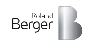 Logo van Roland Berger met de bedrijfsnaam in zwarte letters en een gestileerde zilverkleurige letter B.