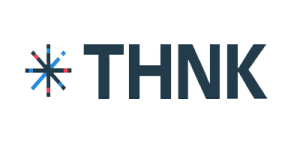 Logo van THNK met moderne, donkere letters en een abstract symbool van gekleurde lijnen links.