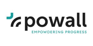 Logo van Powall met zwarte en turquoise tekst en een gestileerde halve cirkel links.