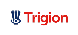Logo van Trigion met rood woordmerk en blauw gestileerd schildpictogram op zwarte achtergrond.